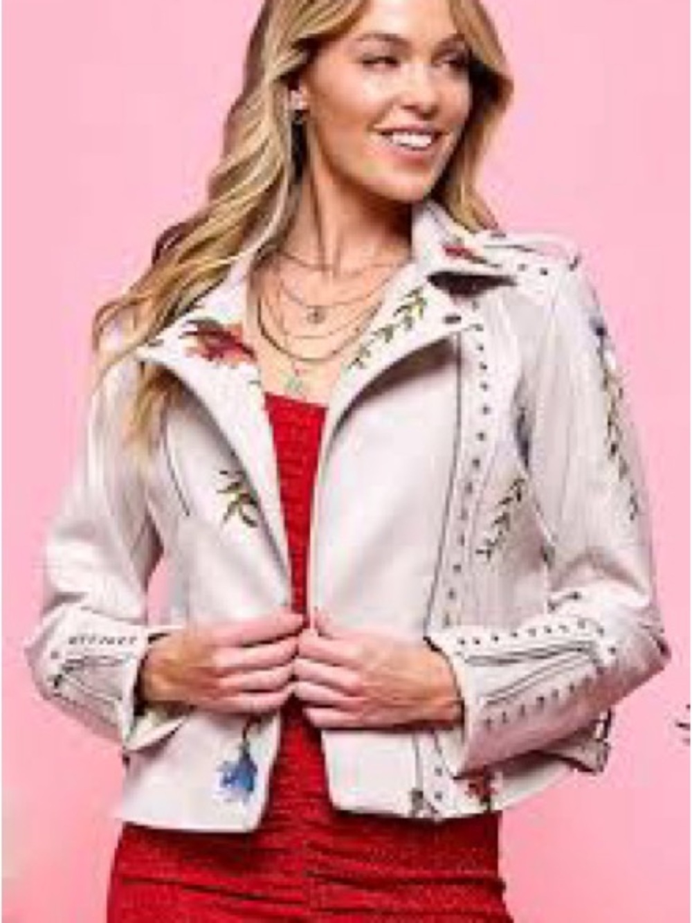 Embroidered Floral Moto Jacket – Faux Leather – Blush – XXL – NWOT